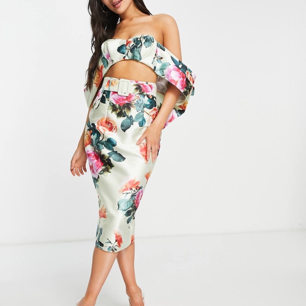 ASOS LUXE Satin Bardot Crop Top With Bow In Floral Print Size 4